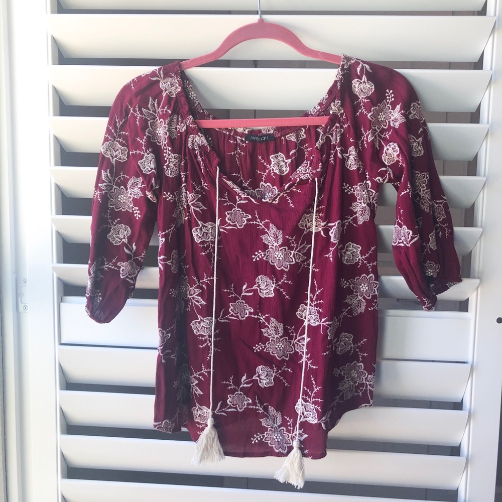 Floral maroon off the shoulder top